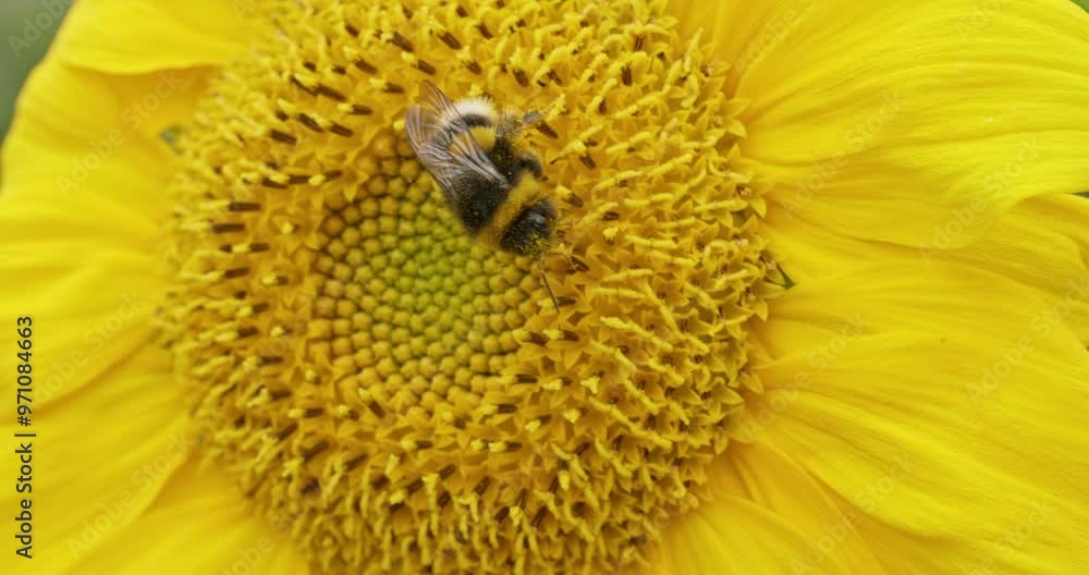 Close-up of a bumblebee collecting nectar from a bright sunflower flower on a sunny summer day. A fluffy cute bumblebee deftly collects sweet nectar from a yellow sunflower flower. Close-up of a bumblebee collecting nectar from a bright sunflower flower on a sunny summer day. A fluffy cute bumblebee deftly collects sweet nectar from a yellow sunflower flower.