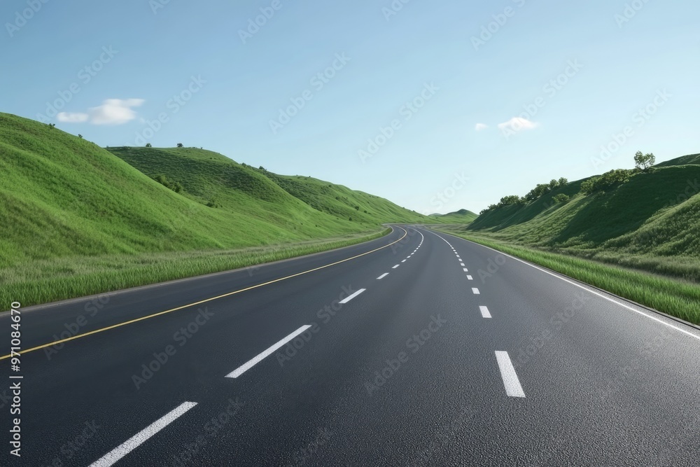 Fototapeta premium Empty Four Lane Freeway with Dashed Lines and Grass Hillside
