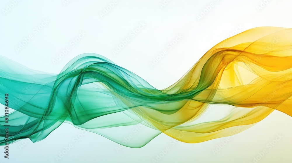 Yellow and green transparent waves, smoothly curving across a modern abstract background, creating a sense of fluidity and movement. Yellow and green transparent waves, smoothly curving across a modern abstract background, creating a sense of fluidity and movement.