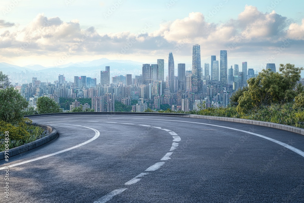 Empty Urban Road Curving Towards Modern Skyline Empty Urban Road Curving Towards Modern Skyline
