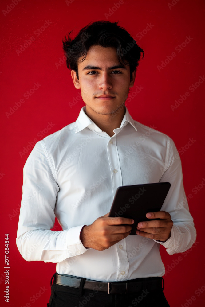 Portrait of a young Hispanic businessman holding a touchpad in the office, looking at the camera, with a red background. Portrait of a young Hispanic businessman holding a touchpad in the office, looking at the camera, with a red background.