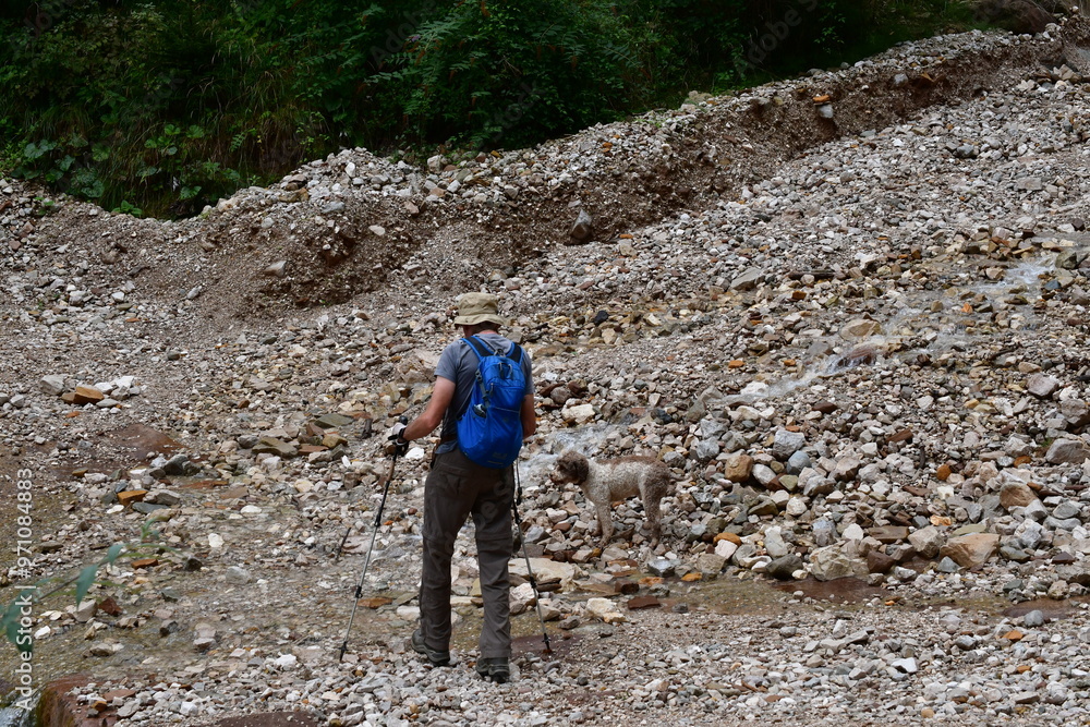 Mann und sein Lagotto Romagnolo Hund wandern in Südtirol