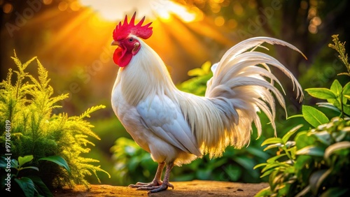 Valokuva Majestic pure white cockerel proudly displays vibrant plumage, striking features, and regal demeanor in a natural outdoor setting with lush greenery and warm golden lighting