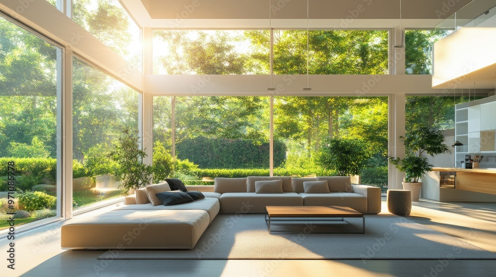 Modern luxury living room with minimalist decor, large windows overlooking a lush garden, and cozy seating in natural sunlight.