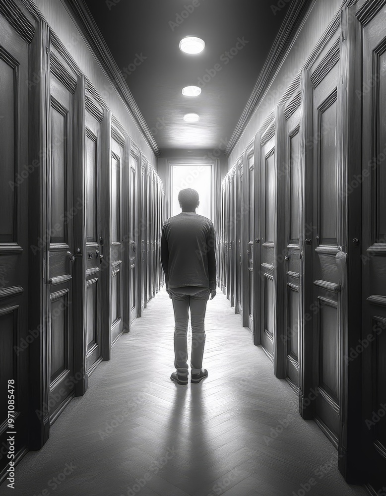 Surreal Alzheimer's Depiction: Hallway of Fading Doors Representing Memory Loss Surreal Alzheimer's Depiction: Hallway of Fading Doors Representing Memory Loss