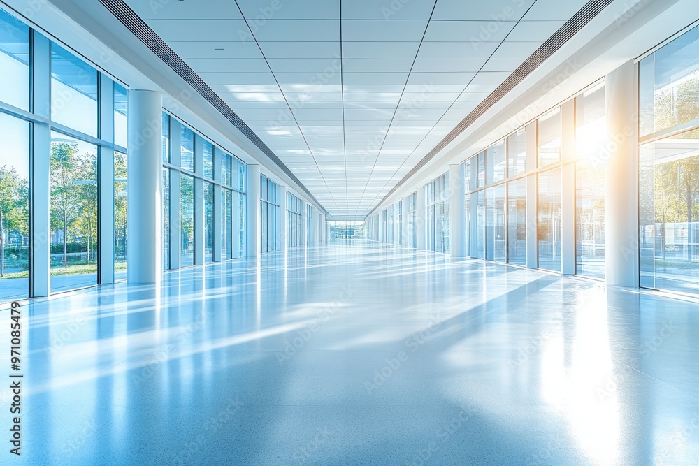 Bright Modern Corridor with Glass Walls and Sunlight Bright Modern Corridor with Glass Walls and Sunlight
