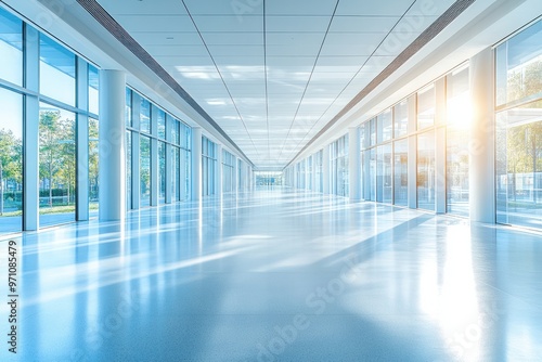 Bright Modern Corridor with Glass Walls and Sunlight