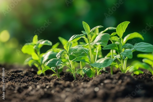 Bright green plants sprouting from rich, dark soil, symbolizing growth, nature, and the beauty of new beginnings.