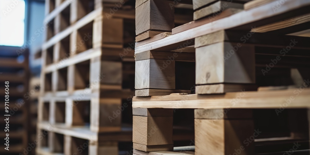 Wooden pallets neatly stacked in a warehouse setting, showing the texture and structure of the wood with precision. Wooden pallets neatly stacked in a warehouse setting, showing the texture and structure of the wood with precision.