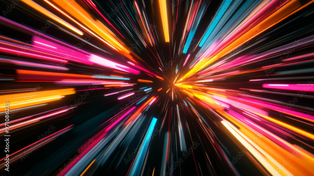 Bright, colorful lines zoom across a black background. It's a 3D design. Bright, colorful lines zoom across a black background. It's a 3D design.