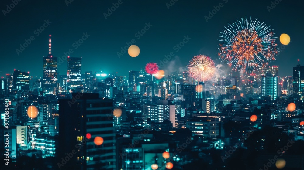 Fototapeta premium Vibrant City Skyline at Night with Colorful New Year's Eve Fireworks Exploding in the Sky