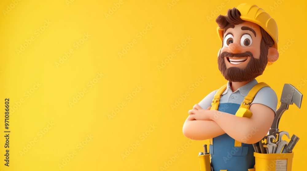 Fototapeta premium A cheerful cartoon construction worker with tools, set against a bright yellow background.
