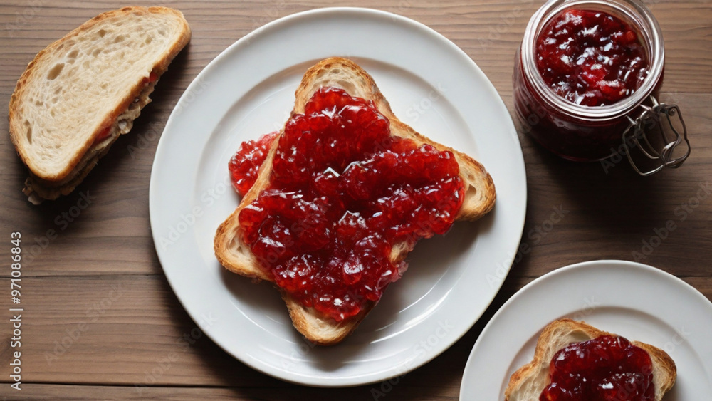 Fruit jam on a homemade slice of bread, simple and delicious breakfast. Fruit jam on a homemade slice of bread, simple and delicious breakfast.