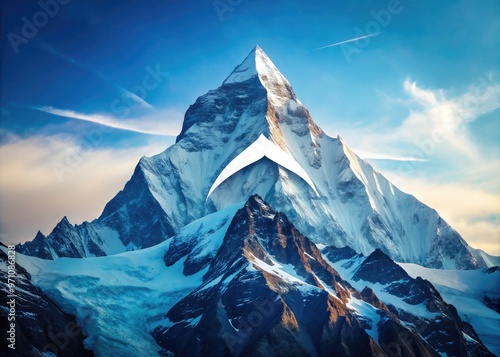 Majestic snow-capped mountain peak with a modern, minimalist logo incorporated into the rugged terrain, conveying strength, adventure, and ambitious goals against a bright blue sky. photo