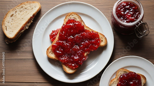 Fruit jam on a homemade slice of bread, simple and delicious breakfast.