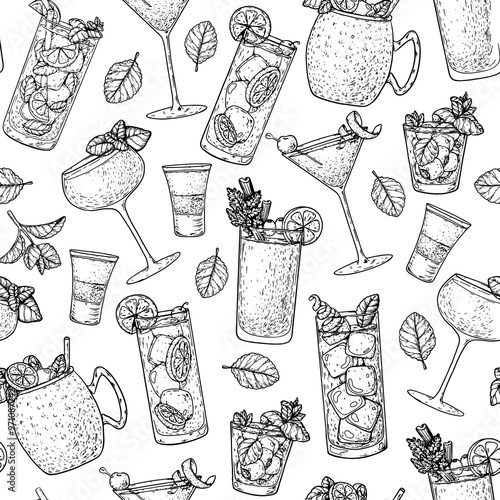 Alcoholic cocktails background. Seamless pattern. Hand drawn vector illustration. Cocktails sketch. Engraved style.