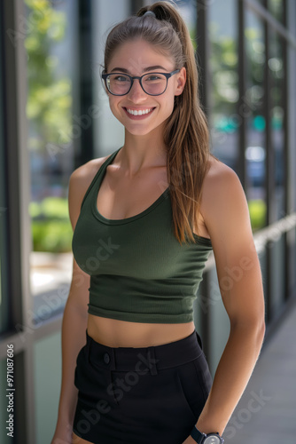 A woman wearing glasses and a green tank top poses for a photo