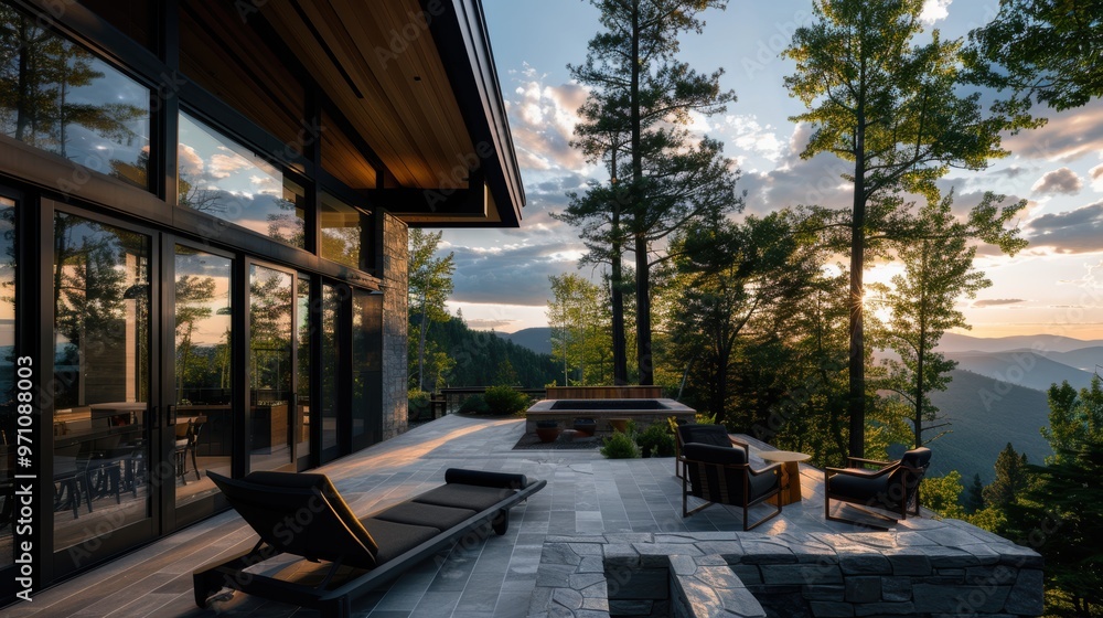 Obraz premium Modern mountain home with a view of forest and mountains at sunset