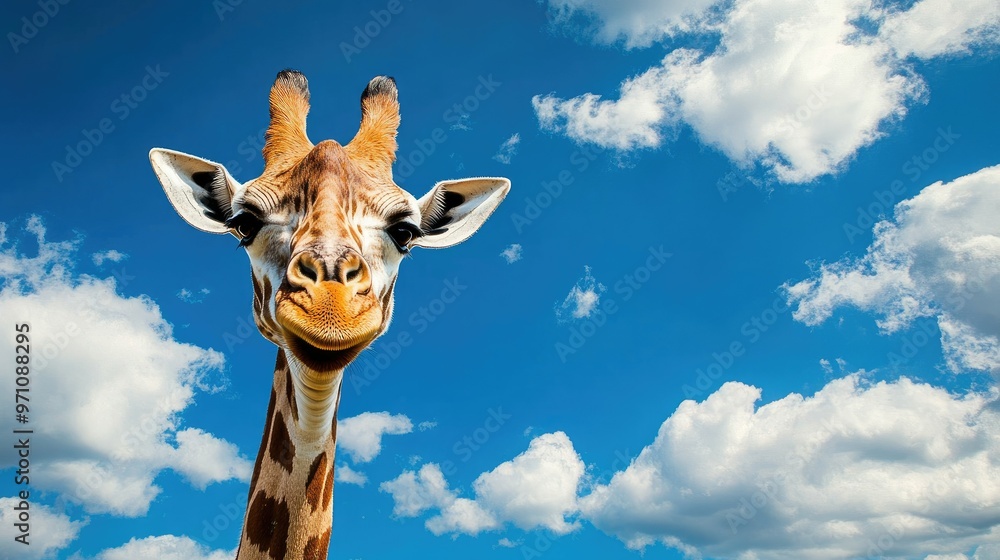 Fototapeta premium Playful portrait of a giraffe head against a bright blue sky with fluffy clouds, capturing its amusing and charming expression.