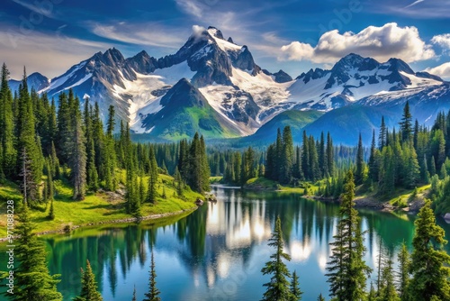 Majestic snow-capped peaks stretch towards the sky in the rugged Cascade Range, surrounded by lush green forests and serene alpine lakes in Washington State. photo