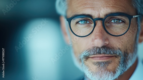 A distinguished older gentleman sporting glasses and a well-groomed beard, clad in a formal suit, exuding a sense of intellect and sophistication. photo