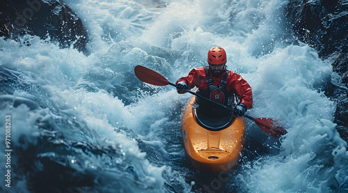 Kayaker Navigating Rapids -  Action Water Sports Photo