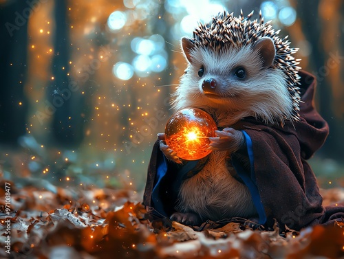 Hedgehog in a wizard s robe with a glowing crystal ball, wizard hedgehog, magical Halloween critter photo