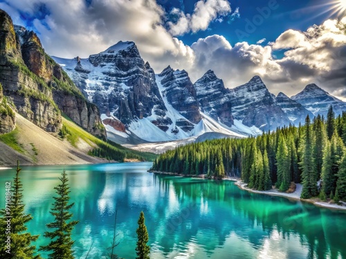 Majestic snow-capped peaks towering above serene turquoise lake, surrounded by lush evergreen forests and rugged rocky cliffs, under a crisp blue winter sky.