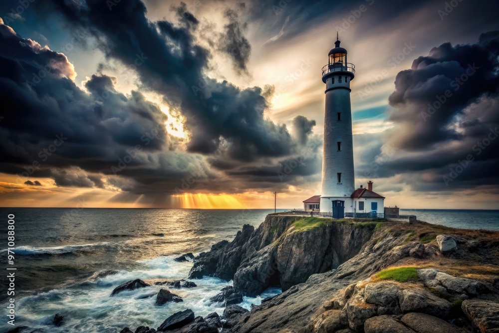 Majestic solitary lighthouse stands tall on a rocky coastline, its towering silhouette dramatically set against a stark black and white sky and sea. Majestic solitary lighthouse stands tall on a rocky coastline, its towering silhouette dramatically set against a stark black and white sky and sea.