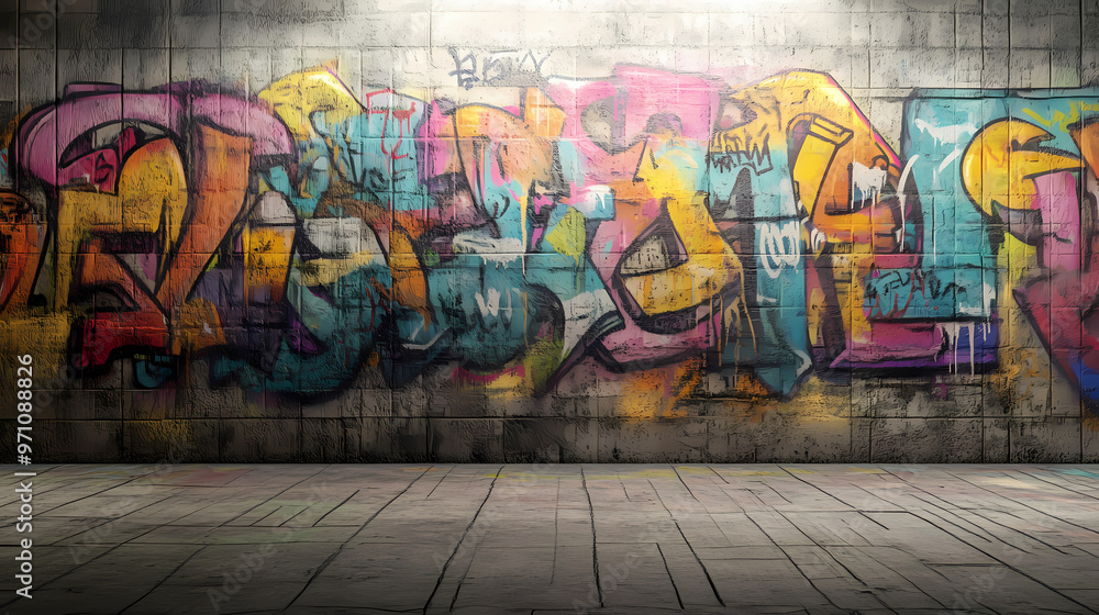 A cement wall which has plenty of colorful graffiti style art texts on the surface of the wall, displaying in an empty room with some bright light. generative ai. Graffiti Art. Illustration A cement wall which has plenty of colorful graffiti style art texts on the surface of the wall, displaying in an empty room with some bright light. generative ai. Graffiti Art. Illustration