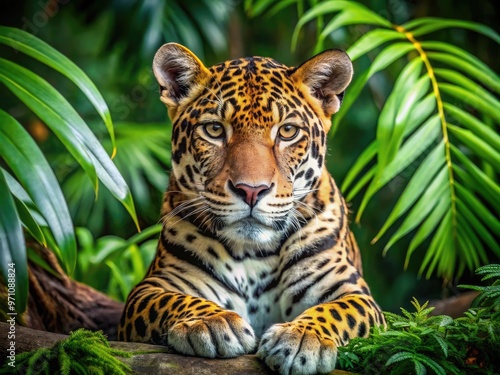 Majestic solitary jaguar with dense golden fur and piercing green eyes, resting regally in a lush verdant jungle, surrounded by vibrant tropical foliage. photo