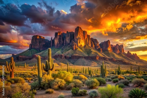 Majestic Superstition Mountain looms above the Sonoran Desert landscape at sunset, its distinctive formation shrouded in mystery and ancient lore, Arizona. photo