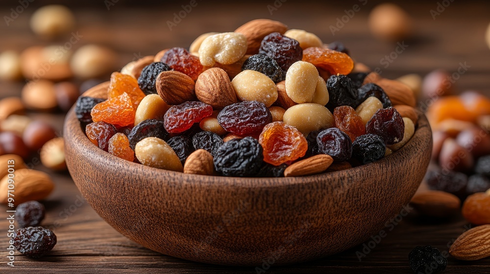 Handful of mixed nuts and dried fruits, portable brain-boosting snack, healthy and convenient, isolated on solid background Handful of mixed nuts and dried fruits, portable brain-boosting snack, healthy and convenient, isolated on solid background