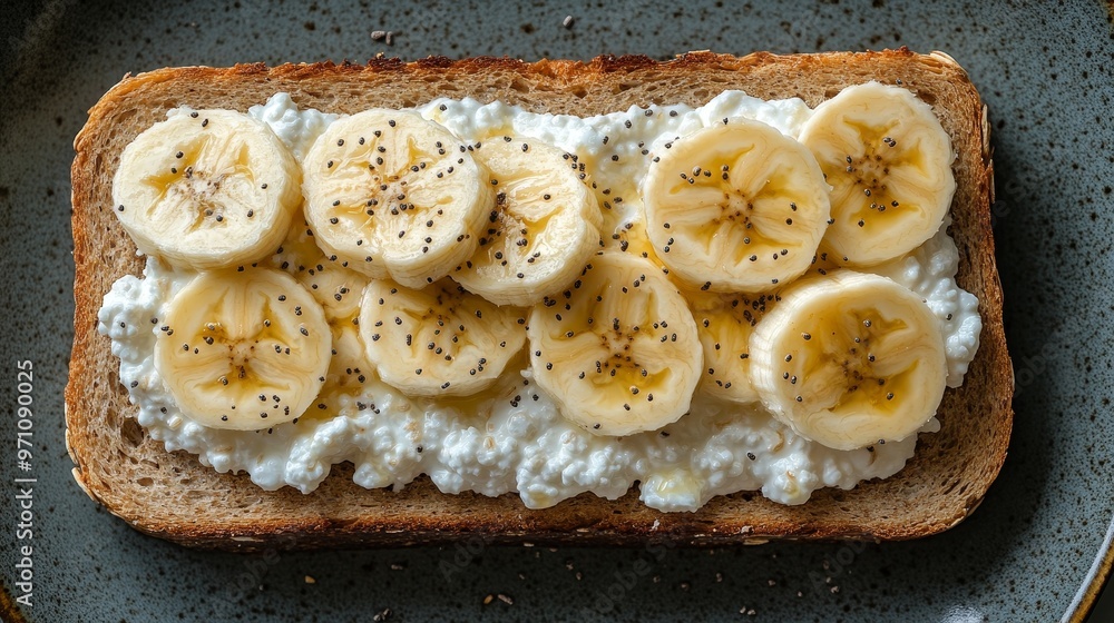 Foto Whole wheat bread topped with cottage cheese and sliced bananas, brain-boosting