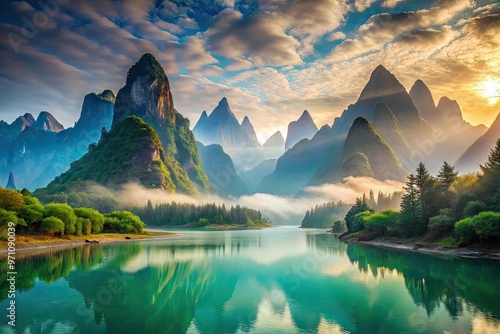 Majestic triangular mountains rise from the misty valley floor, their rugged peaks reaching for the sky amidst a backdrop of serene, turquoise-hued waters. photo