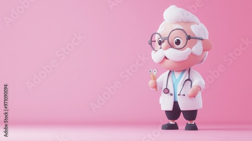 A cute cartoon doctor character with glasses and a stethoscope against a pink background.