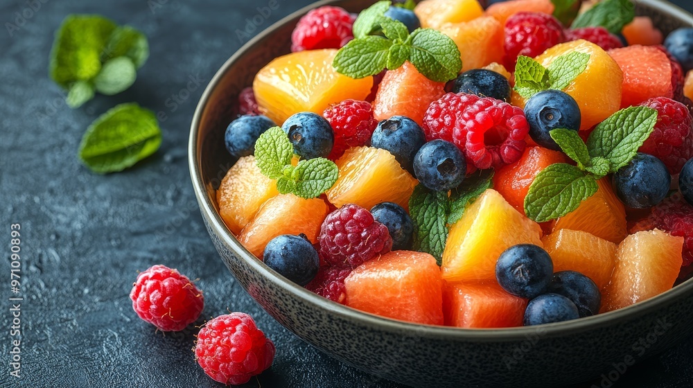 Colorful fruit salad with a mix of berries, citrus, and melon, rich in antioxidants, brain health focus, isolated on solid background Colorful fruit salad with a mix of berries, citrus, and melon, rich in antioxidants, brain health focus, isolated on solid background
