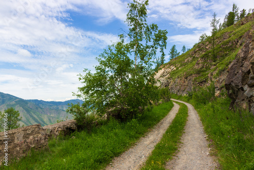 Summer landscape with mountain serpentine of old section of Chuysky trakt on Chike-Taman mountain pass along steep rocky cliff at in Altai Republic, Russia