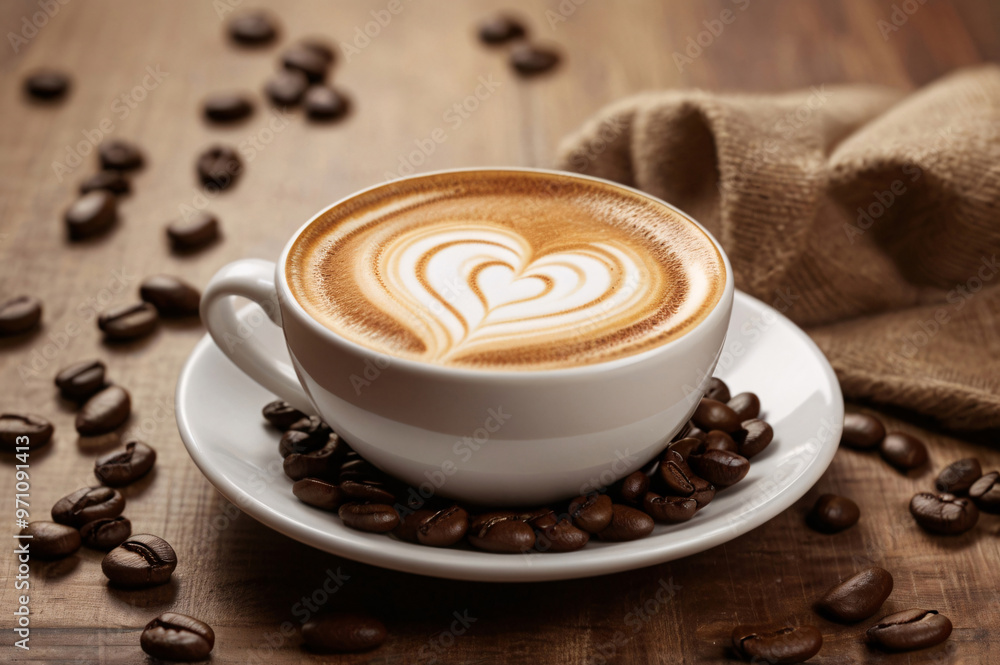 Coffee cup with heart-shaped latte art surrounded by coffee beans on a wooden background. emphasizing a cozy morning atmosphere. suitable for social media and food photography. Coffee cup with heart-shaped latte art surrounded by coffee beans on a wooden background. emphasizing a cozy morning atmosphere. suitable for social media and food photography.