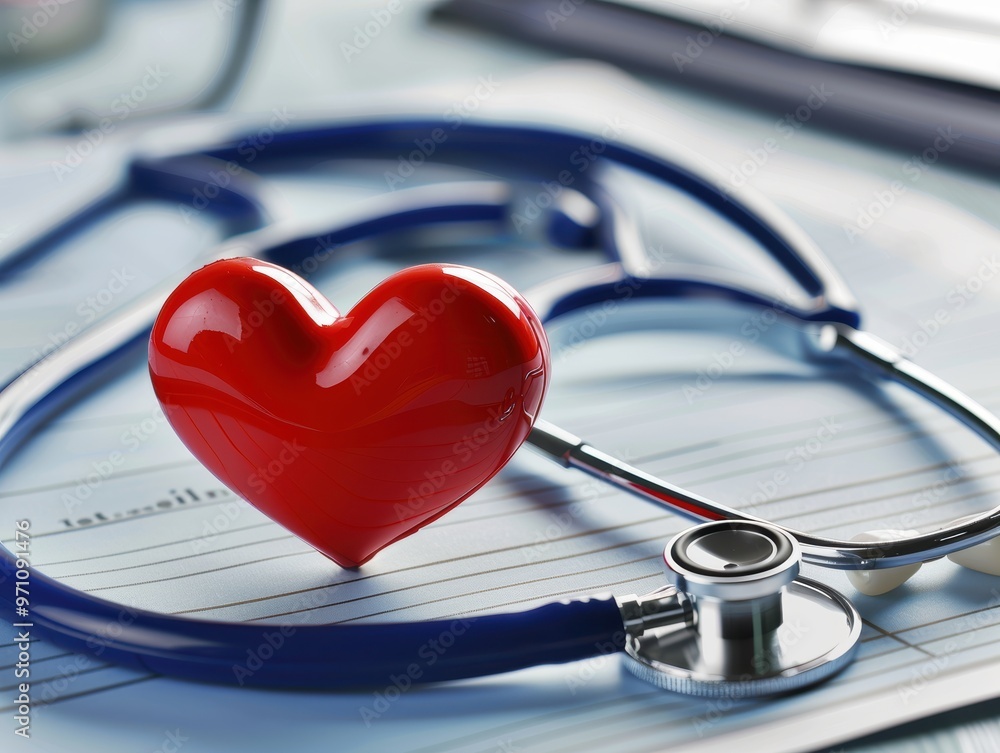 A red heart symbol placed on a stethoscope, representing health and wellness in the medical field. A red heart symbol placed on a stethoscope, representing health and wellness in the medical field.