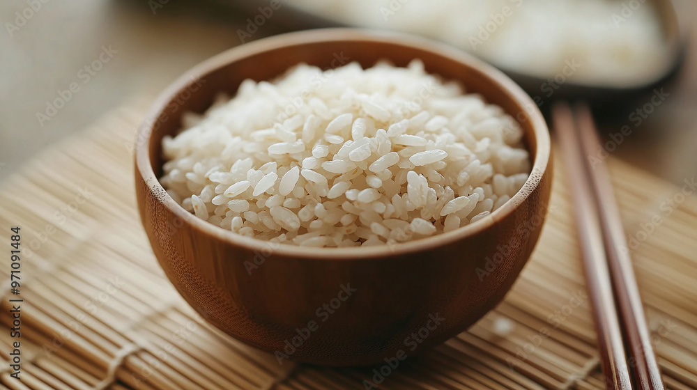 A close-up of rice grains in a wooden bowl, placed on a bamboo mat with chopsticks beside A close-up of rice grains in a wooden bowl, placed on a bamboo mat with chopsticks beside