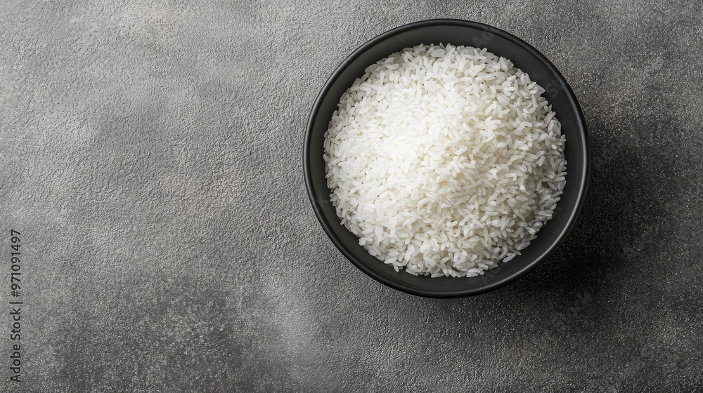 Simple and elegant top view of white rice in a black bowl against a grey backdrop, focusing on the texture and detail of the rice. Simple and elegant top view of white rice in a black bowl against a grey backdrop, focusing on the texture and detail of the rice.