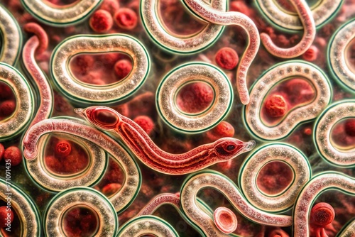 Microscopic image of hookworm parasites, scientifically known as Ancylostoma duodenale, infecting human intestines, causing anemia, digestive issues, and skin problems. photo