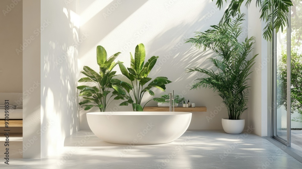 Sleek modern bathroom with a white freestanding tub, lush green plants, and ample natural light. Minimalist design with clean lines. Sleek modern bathroom with a white freestanding tub, lush green plants, and ample natural light. Minimalist design with clean lines.