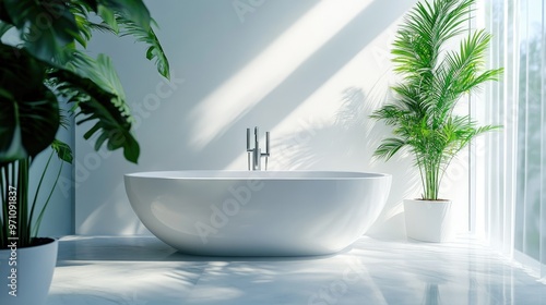 Sleek modern bathroom with a white freestanding tub, lush green plants, and ample natural light. Minimalist design with clean lines.