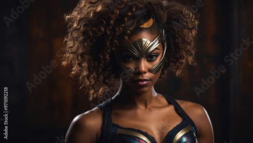 A Young African American Superhero In A Bold Costume Poses Confidently Against A Dark Background photo