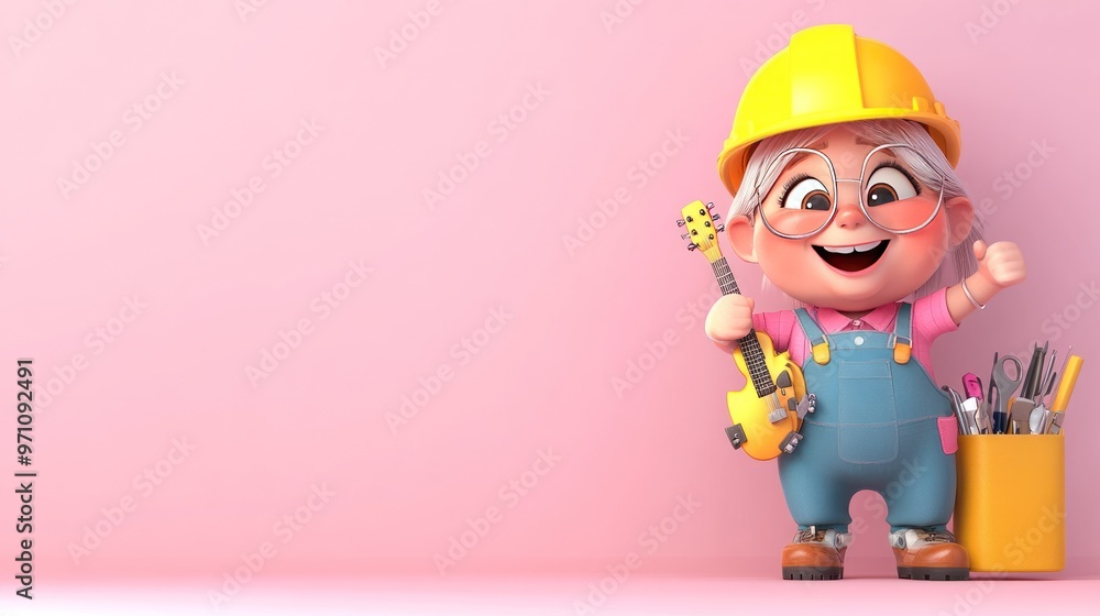 A cheerful cartoon character in a hard hat, holding a guitar and surrounded by art supplies. A cheerful cartoon character in a hard hat, holding a guitar and surrounded by art supplies.