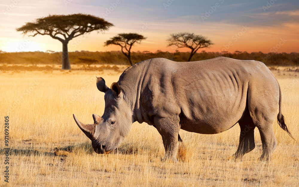 Fototapeta premium Rhinoceros on the African savannah with baobab in the background