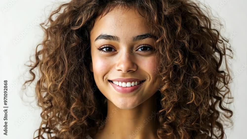 Cheerful young woman with curly hair smiles brightly against a neutral background Cheerful young woman with curly hair smiles brightly against a neutral background
