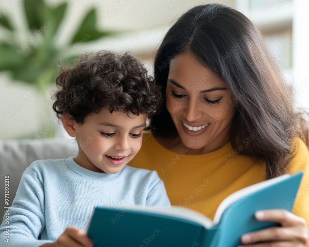 Hispanic Mother Guiding Her Child Through a Reading Assignment in Living Room. Mother Points to Section in Book While Child Follows Along, Surrounded by a Comfortable Sofa and a Decorative Plant. Hispanic Mother Guiding Her Child Through a Reading Assignment in Living Room. Mother Points to Section in Book While Child Follows Along, Surrounded by a Comfortable Sofa and a Decorative Plant.